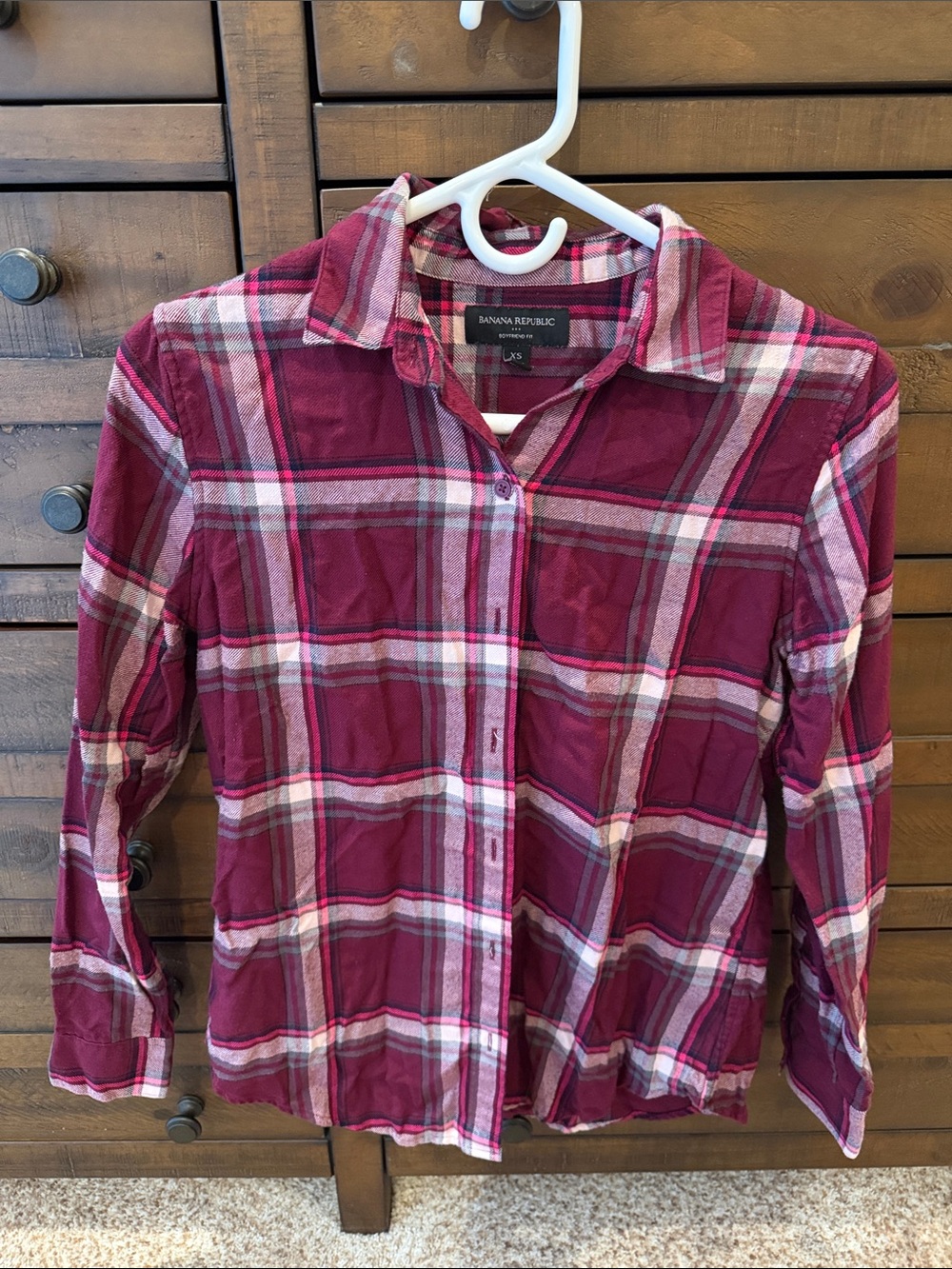 Banana Republic Women's Burgundy and White Plaid Button-Down Shirt